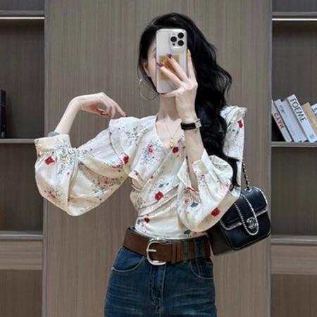 FA42672# 温柔气质减龄高级感时尚法式碎花衬衫女韩版百搭收腰系带白色上衣 服裝批發女裝批發服飾貨源
