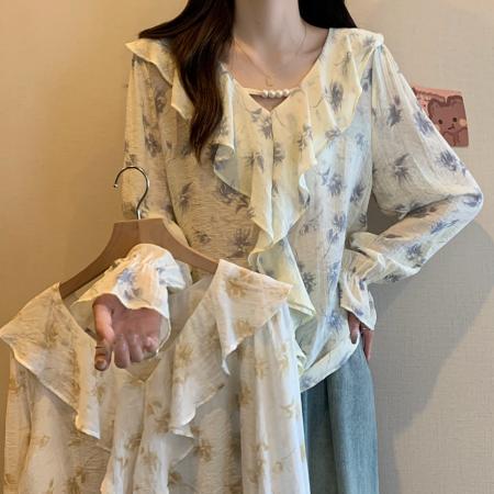 FA42682# 秋季新款大码法式荷叶边碎花衬衫V领印花上衣雪纺衫 服裝批發女裝批發服飾貨源
