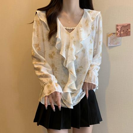 FA42682# 秋季新款大码法式荷叶边碎花衬衫V领印花上衣雪纺衫 服裝批發女裝批發服飾貨源