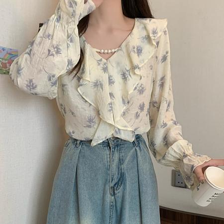 FA42682# 秋季新款大码法式荷叶边碎花衬衫V领印花上衣雪纺衫 服裝批發女裝批發服飾貨源