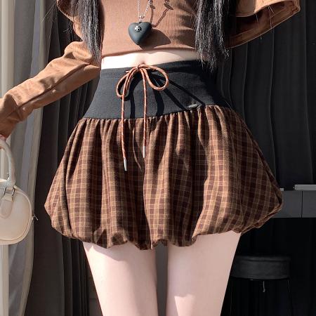 FA42694# 复古格纹磨毛半身裙女新款秋季小个子辣妹高腰a字包臀短裙 服裝批發女裝批發服飾貨源