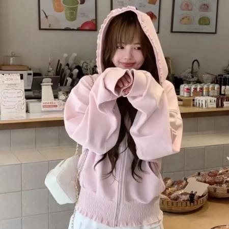 FA42699# 韩系设计感木耳边连帽卫衣外套女春秋拉链大码宽松300斤百搭上衣 服裝批發女裝批發服飾貨源