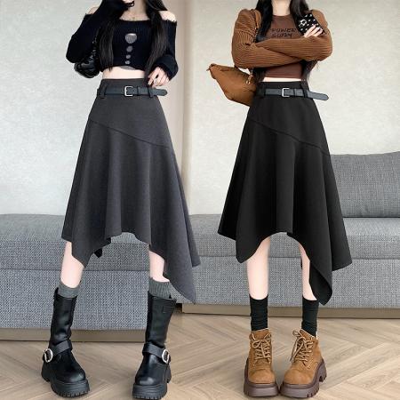 FA42710# 不规则高腰毛呢半身裙女冬季新款高级感中长款a字裙子ins 服裝批發女裝批發服飾貨源