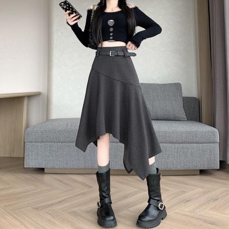 FA42710# 不规则高腰毛呢半身裙女冬季新款高级感中长款a字裙子ins 服裝批發女裝批發服飾貨源