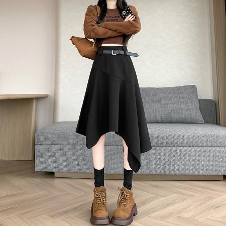 FA42710# 不规则高腰毛呢半身裙女冬季新款高级感中长款a字裙子ins 服裝批發女裝批發服飾貨源