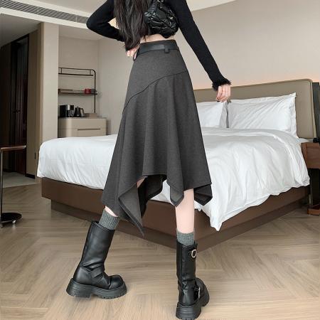 FA42710# 不规则高腰毛呢半身裙女冬季新款高级感中长款a字裙子ins 服裝批發女裝批發服飾貨源