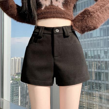 FA42712# 辣妹高腰呢子短裤百搭休闲裤女冬季显瘦a字包臀裤子黑色热裤 服裝批發女裝批發服飾貨源