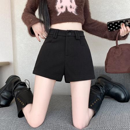 FA42712# 辣妹高腰呢子短裤百搭休闲裤女冬季显瘦a字包臀裤子黑色热裤 服裝批發女裝批發服飾貨源