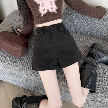 FA42712# 辣妹高腰呢子短裤百搭休闲裤女冬季显瘦a字包臀裤子黑色热裤 服裝批發女裝批發服飾貨源