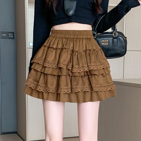 FA42716# 甜美风松紧腰层层花边拼接麂皮绒半身短裙 服裝批發女裝批發服飾貨源