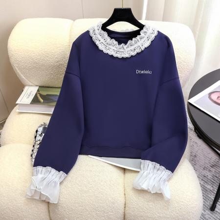 FA42730# 秋季新款时尚韩版蕾丝拼接圆领卫衣女宽松简约字母上衣 服裝批發女裝批發服飾貨源