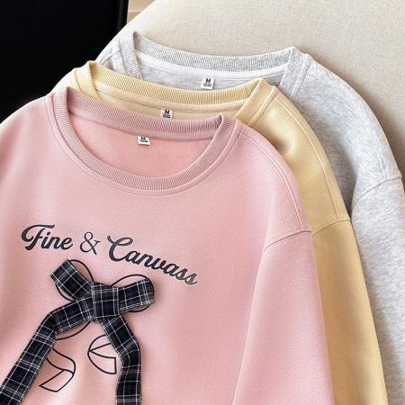 FA42731# 秋季新款时尚蝴蝶结装饰圆领卫衣宽松大气字母印花上衣女 服裝批發女裝批發服飾貨源