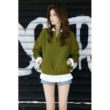 FA42732# 秋季新款时尚宽松纯色卫衣女简约百搭潮流V领长袖上衣 服裝批發女裝批發服飾貨源