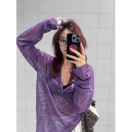 FA42736# 新款慵懒宽松紫色防晒罩衫薄上衣设计感别致辣妹半开领长袖t恤女 服裝批發女裝批發服飾貨源