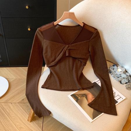 FA42737# 秋季拼接设计感长袖上衣V领外穿内搭性感显瘦修身气质T恤女 服裝批發女裝批發服飾貨源