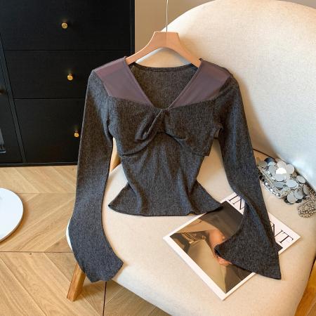 FA42737# 秋季拼接设计感长袖上衣V领外穿内搭性感显瘦修身气质T恤女 服裝批發女裝批發服飾貨源