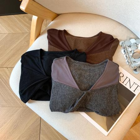 FA42737# 秋季拼接设计感长袖上衣V领外穿内搭性感显瘦修身气质T恤女 服裝批發女裝批發服飾貨源