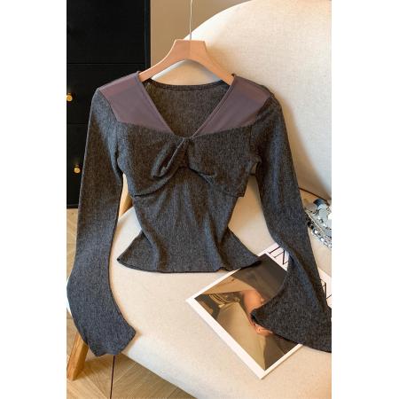 FA42737# 秋季拼接设计感长袖上衣V领外穿内搭性感显瘦修身气质T恤女 服裝批發女裝批發服飾貨源