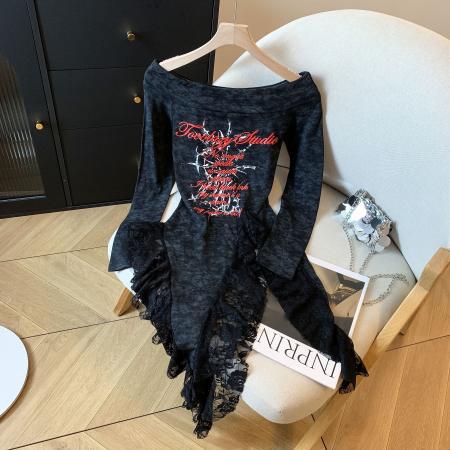 FA42738# 蕾丝不规则一字肩飘带长袖T恤女上衣修身显瘦设计感小众 服裝批發女裝批發服飾貨源