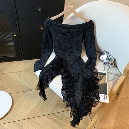 FA42738# 蕾丝不规则一字肩飘带长袖T恤女上衣修身显瘦设计感小众 服裝批發女裝批發服飾貨源