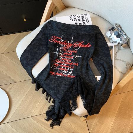 FA42738# 蕾丝不规则一字肩飘带长袖T恤女上衣修身显瘦设计感小众 服裝批發女裝批發服飾貨源