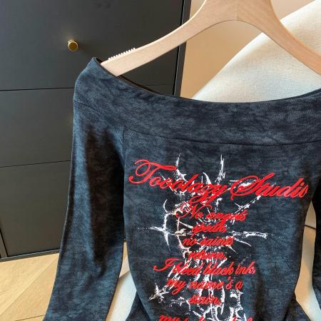 FA42738# 蕾丝不规则一字肩飘带长袖T恤女上衣修身显瘦设计感小众 服裝批發女裝批發服飾貨源