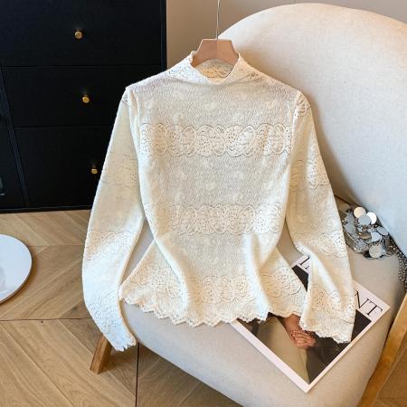 FA42739# 半高领蕾丝内搭小衫女春秋新款刺绣薄款网纱打底衫镂空上衣女 服裝批發女裝批發服飾貨源