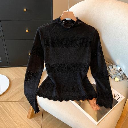 FA42739# 半高领蕾丝内搭小衫女春秋新款刺绣薄款网纱打底衫镂空上衣女 服裝批發女裝批發服飾貨源