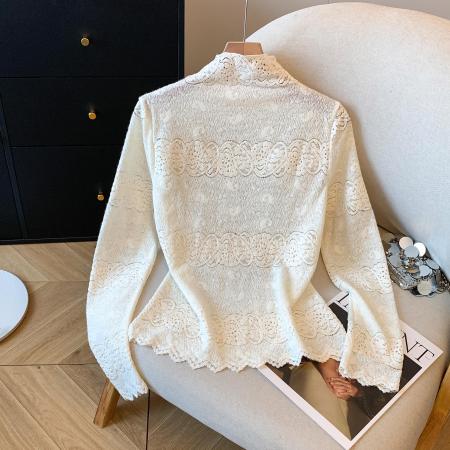 FA42739# 半高领蕾丝内搭小衫女春秋新款刺绣薄款网纱打底衫镂空上衣女 服裝批發女裝批發服飾貨源