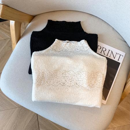 FA42739# 半高领蕾丝内搭小衫女春秋新款刺绣薄款网纱打底衫镂空上衣女 服裝批發女裝批發服飾貨源