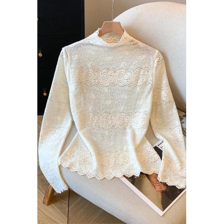 FA42739# 半高领蕾丝内搭小衫女春秋新款刺绣薄款网纱打底衫镂空上衣女 服裝批發女裝批發服飾貨源