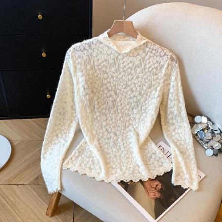 FA42740# 半高领蕾丝打底衫女内搭秋冬季洋气镂空网纱别致上衣长袖小衫 服裝批發女裝批發服飾貨源