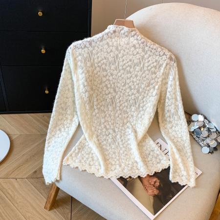 FA42740# 半高领蕾丝打底衫女内搭秋冬季洋气镂空网纱别致上衣长袖小衫 服裝批發女裝批發服飾貨源