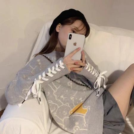 FA42741# 小熊绑带毛衣女新款针织衫秋冬新款套头宽松针织上衣长袖 服裝批發女裝批發服飾貨源