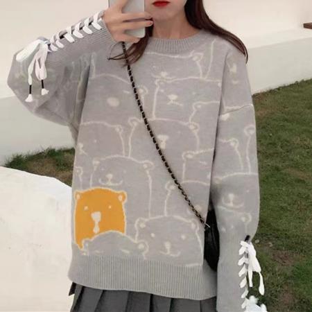 FA42741# 小熊绑带毛衣女新款针织衫秋冬新款套头宽松针织上衣长袖 服裝批發女裝批發服飾貨源