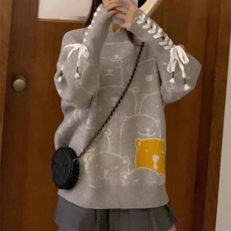 FA42741# 小熊绑带毛衣女新款针织衫秋冬新款套头宽松针织上衣长袖 服裝批發女裝批發服飾貨源