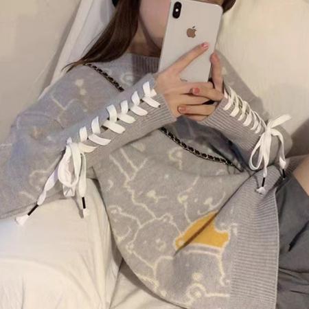 FA42741# 小熊绑带毛衣女新款针织衫秋冬新款套头宽松针织上衣长袖 服裝批發女裝批發服飾貨源