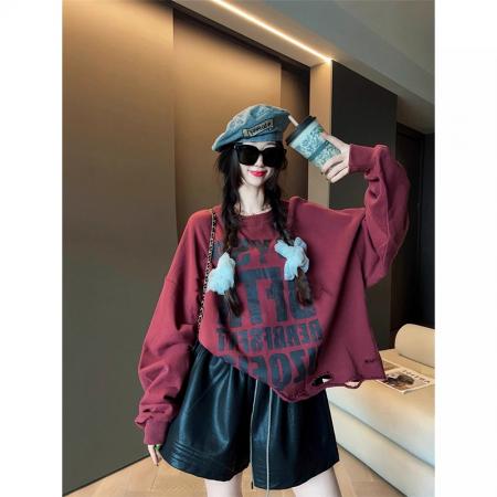 FA42742# 时尚复古长袖T恤女秋季春秋季新款宽松休闲百搭破洞上衣潮 服裝批發女裝批發服飾貨源