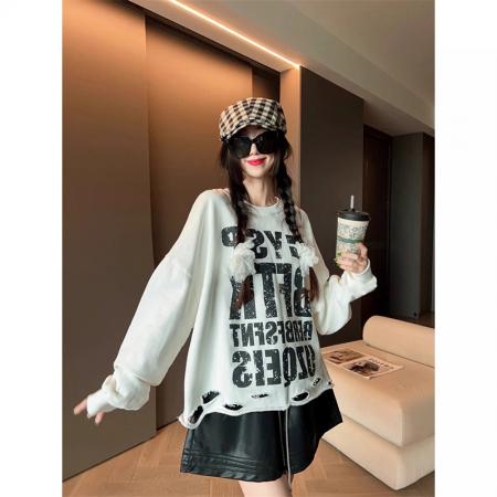 FA42742# 时尚复古长袖T恤女秋季春秋季新款宽松休闲百搭破洞上衣潮 服裝批發女裝批發服飾貨源