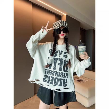 FA42742# 时尚复古长袖T恤女秋季春秋季新款宽松休闲百搭破洞上衣潮 服裝批發女裝批發服飾貨源