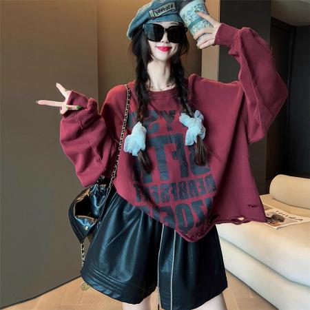 FA42742# 时尚复古长袖T恤女秋季春秋季新款宽松休闲百搭破洞上衣潮 服裝批發女裝批發服飾貨源