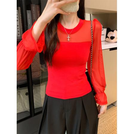 FA42743# 复古网纱T恤打底衫女 服裝批發女裝批發服飾貨源