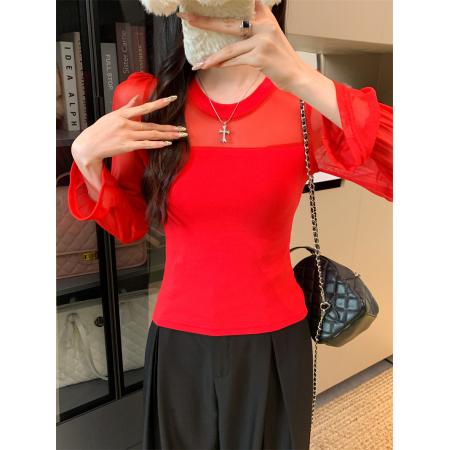 FA42743# 复古网纱T恤打底衫女 服裝批發女裝批發服飾貨源