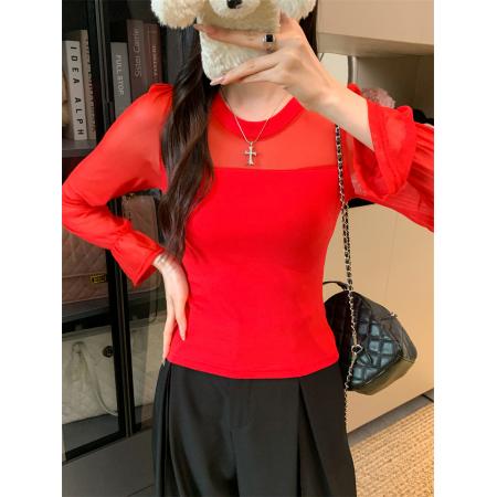 FA42743# 复古网纱T恤打底衫女 服裝批發女裝批發服飾貨源