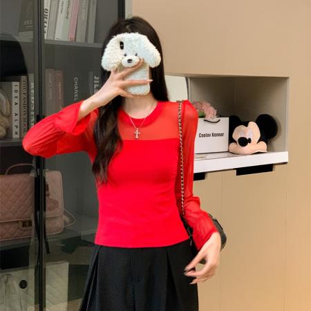 FA42743# 复古网纱T恤打底衫女 服裝批發女裝批發服飾貨源