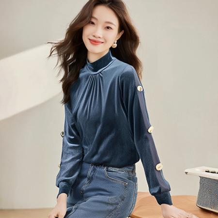 FA42745# 新款金丝绒设计感高领打底小衫洋气内搭T恤 服裝批發女裝批發服飾貨源