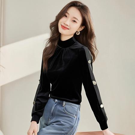 FA42745# 新款金丝绒设计感高领打底小衫洋气内搭T恤 服裝批發女裝批發服飾貨源