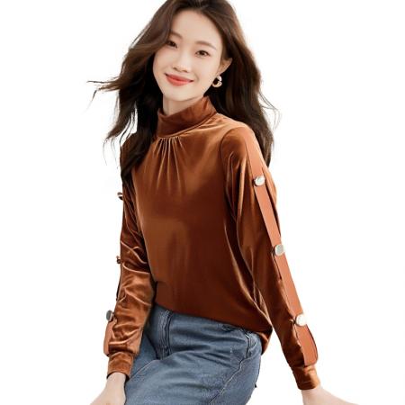 FA42745# 新款金丝绒设计感高领打底小衫洋气内搭T恤 服裝批發女裝批發服飾貨源