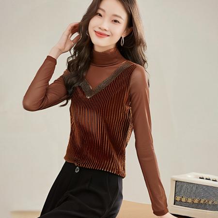 FA42746# 新款金丝绒竖条设计感洋气内搭T恤高领烫钻打底小衫 服裝批發女裝批發服飾貨源
