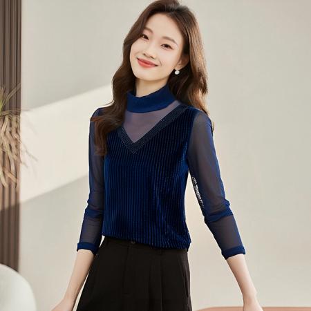 FA42746# 新款金丝绒竖条设计感洋气内搭T恤高领烫钻打底小衫 服裝批發女裝批發服飾貨源